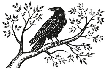 Black bird of prey, a wild avian silhouette with feathers, on a branch in nature