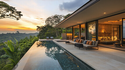 Fototapeta premium Modern villa with large pool and stunning sunset view