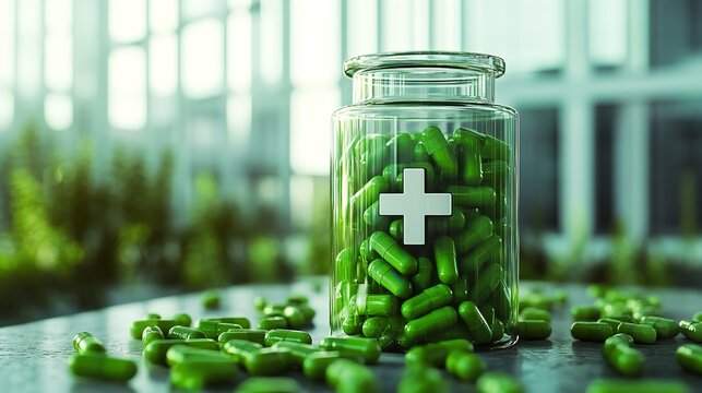 Transparent Bottle Containing Green Capsules with a Medicinal Theme