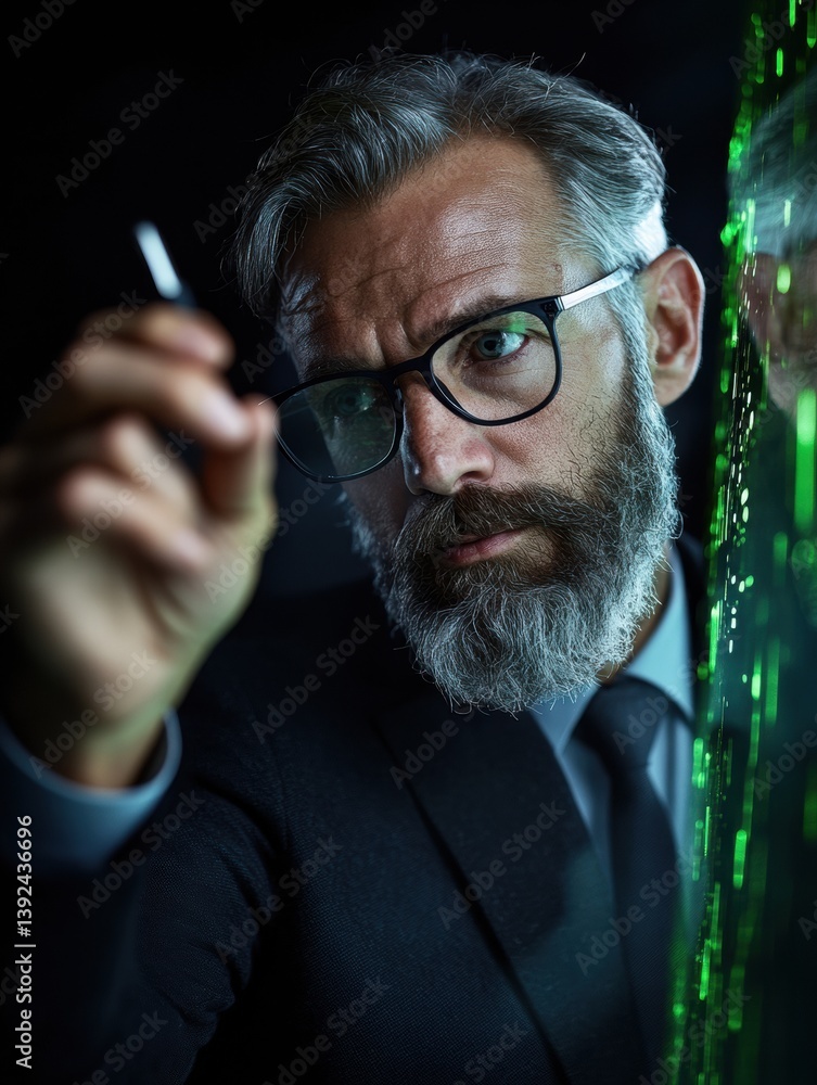 Poster cybersecurity visionary mature professional decoding digital transformation with intense focus - nex