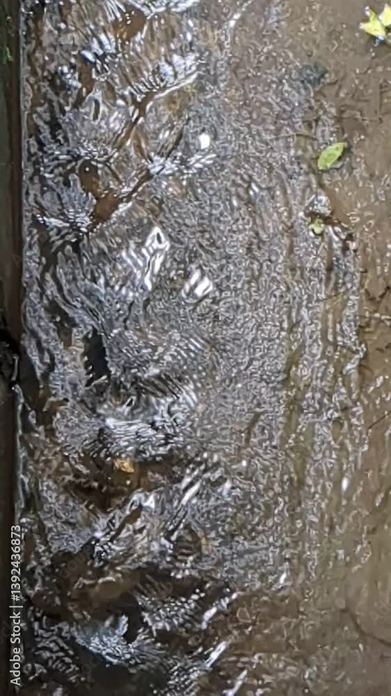 Poster flowing water in a stream with ripples and reflections on a cloudy day