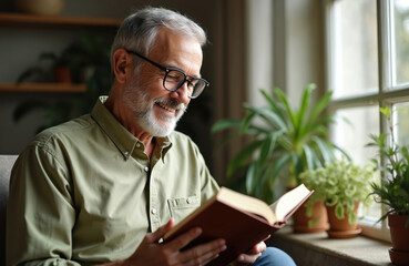 Elderly man wearing glasses smiles while reading book by window. Mature male enjoys literature indoors, surrounded home plants. Relaxed retirement life, leisure activity, knowledge, learning process.