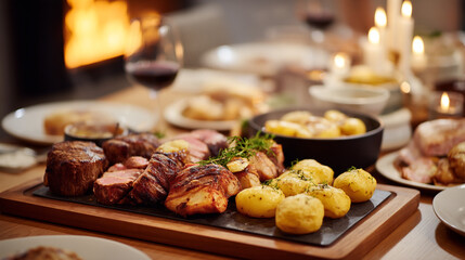 A delicious feast of steak and potatoes served on a wooden board next to a warm fireplace scene