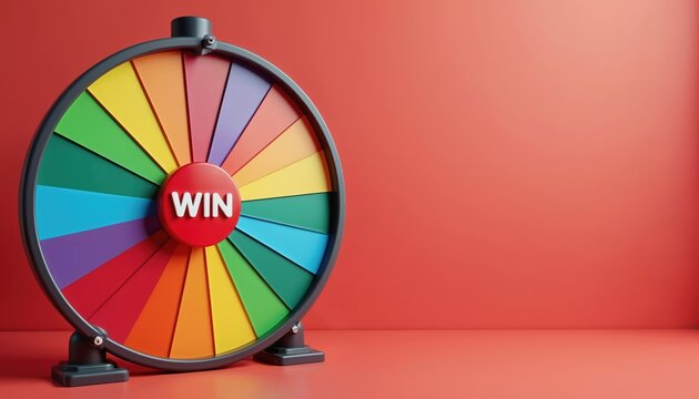 Colorful wheel of fortune with win sign isolated on red background. Wheel spins, vibrant spectrum, chance, luck, prize, victory, success. Concept for games, competition, entertainment, opportunity.