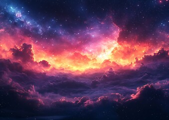 Naklejka premium Celestial Dreamscape Fiery Nebula Above Purple Clouds.