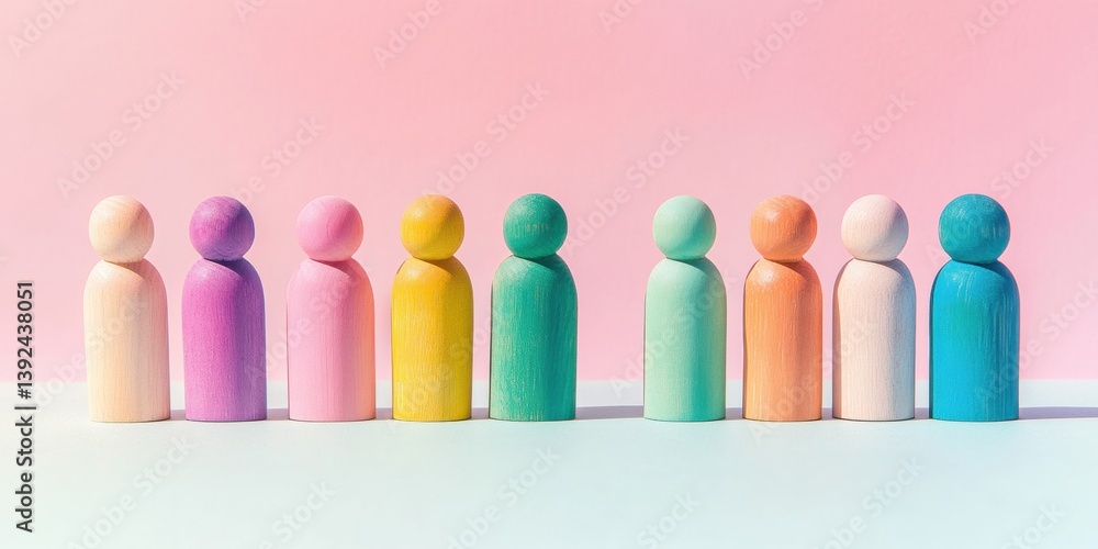 Aufkleber Pastel Diversity Visualization Inclusive Wooden Figurines Representing Multicultural Workforce Dynamics in Minimalist Contemporary Design