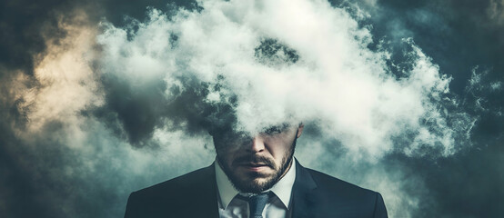 Man in suit with cloud covering his head and body