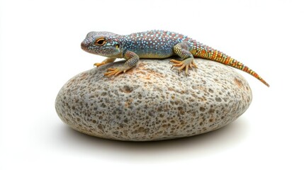 Fototapeta premium Colorful lizard resting on textured rock against a white background with drop shadow