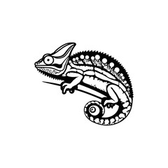A black and white vector silhouette of a side-facing chameleon with a rounded body and gripping toes on a white background