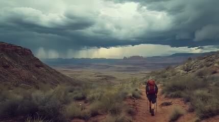 Obraz premium A desert thunderstorm in the distance as a hiker seeks shelter