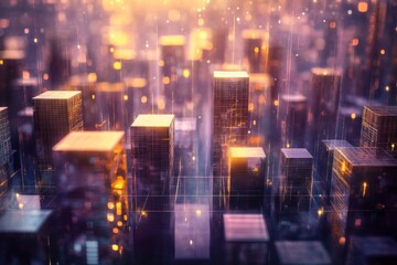 Obraz premium A digitally rendered cityscape with glowing lights and rectangular structures