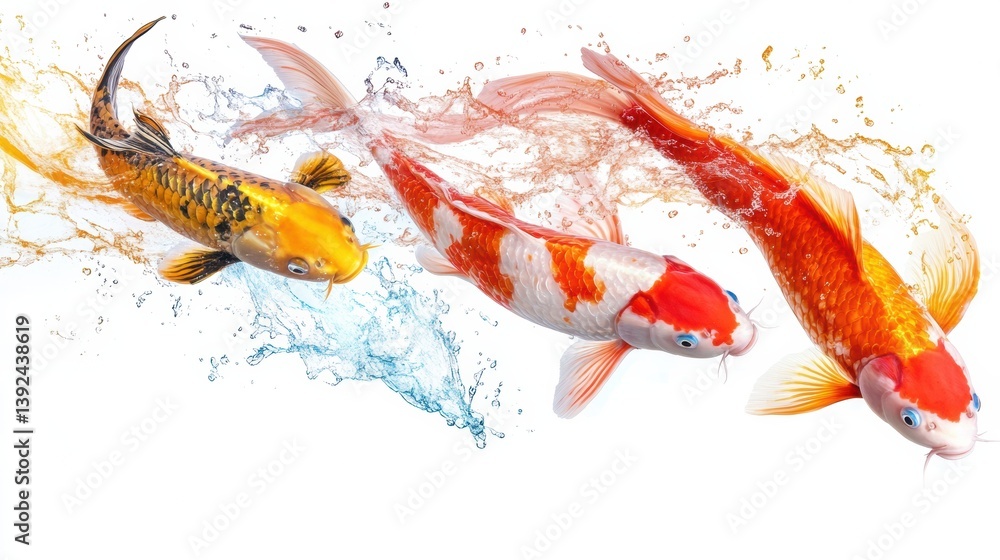 Poster colorful koi fish jumping out of splash on a white background showcasing vibrant patterns and dynami