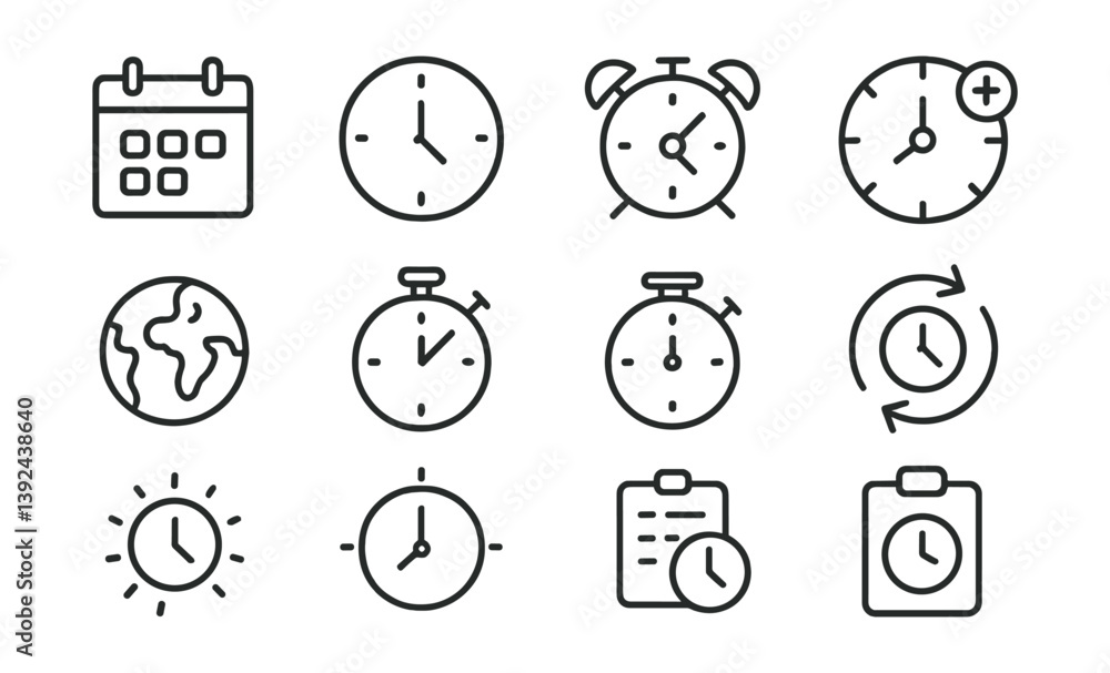 Aufkleber time management and scheduling icons set - linear style for productivity tools