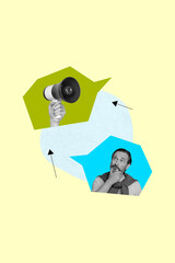 Creative picture collage of mature man thinking look speech bubble with loud speaker on yellow background