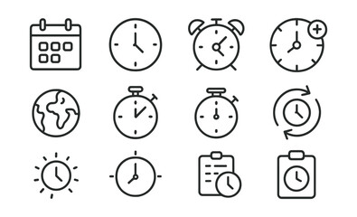 Time management and scheduling icons set - linear style for productivity tools