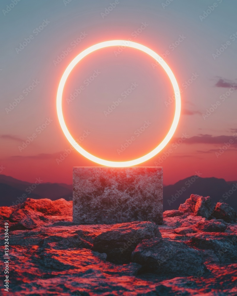 Poster Liminal Horizons Transcendent Circular Light Portal in Surreal Geological Landscape - Immersive Digital Art Exploring Metaphysical Boundaries of Perception
