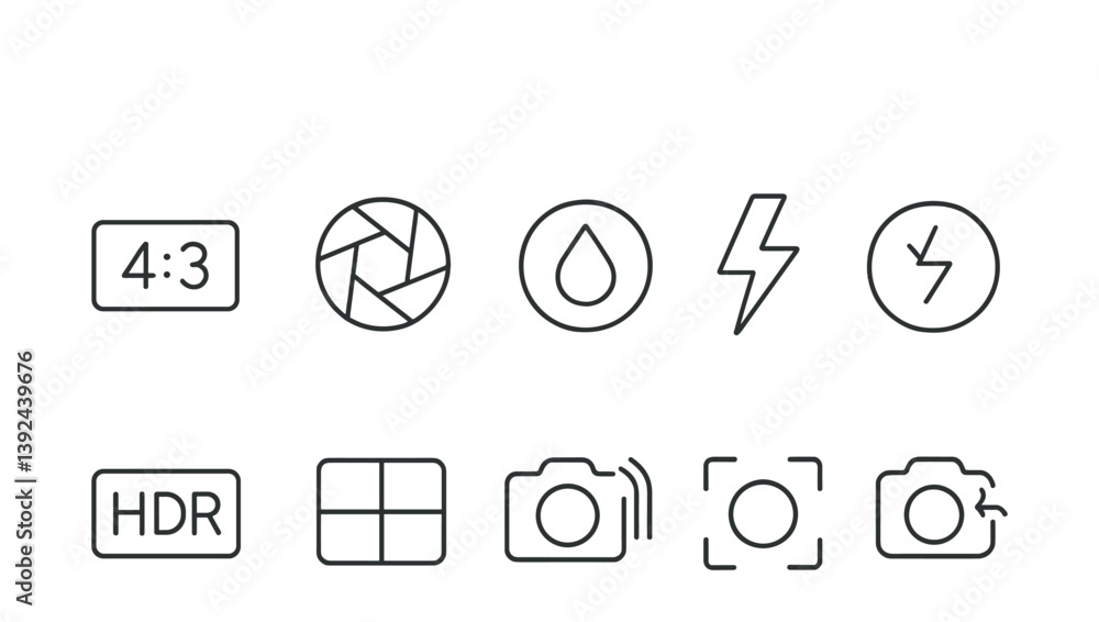 Poster photography settings icon set: minimalist linear style for digital and print use