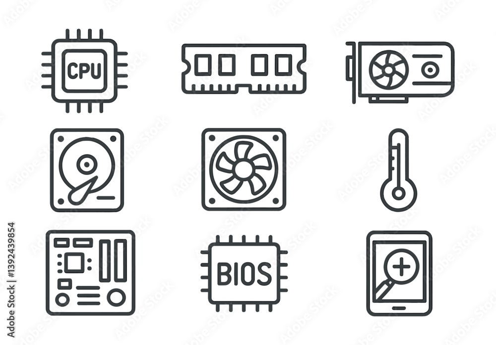 Fototapete computer hardware icons set: linear style depicting key components and devices