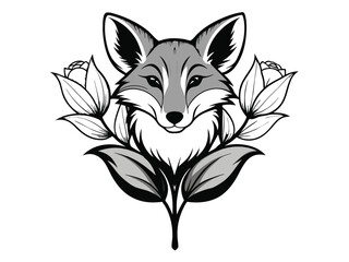 Cute cartoon dog and fox mammal with flowers and a butterfly in a nature illustration