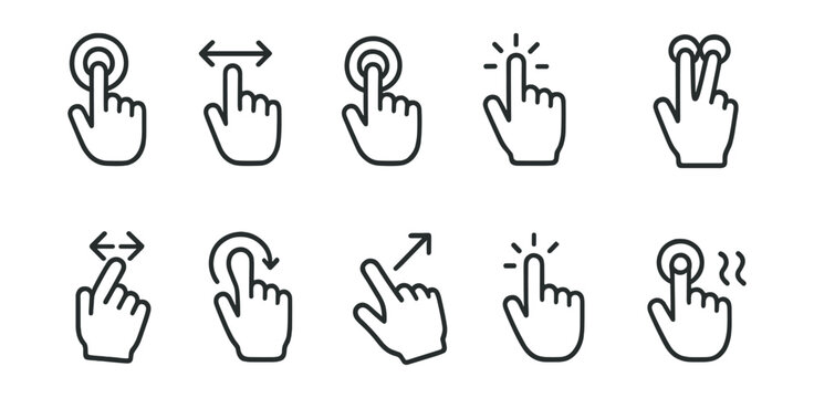Linear gesture icon set: swipe, tap, rotate, zoom, and more for ui and ux design