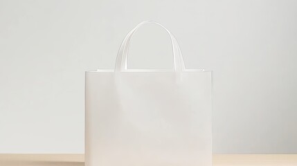 Clean blank white gift bag mockup on light wooden surface with minimalist background, ideal for branding and holiday.