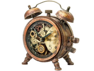 Steampunk Alarm Clock: A captivating close-up shot of an antique steampunk alarm clock, its intricate gears and exposed mechanics on display against a light backdrop.