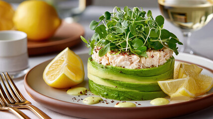 Crab and avocado tower garnished with microgreens, served with citrus dressing and lemon wedges for fresh, elegant meal