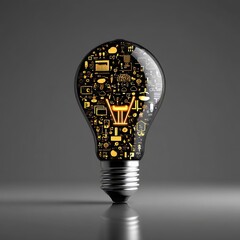 Illustration of a lightbulb with icons representing learning and study, symbolizing creative thinking, problem-solving, and idea generation, all created using stock