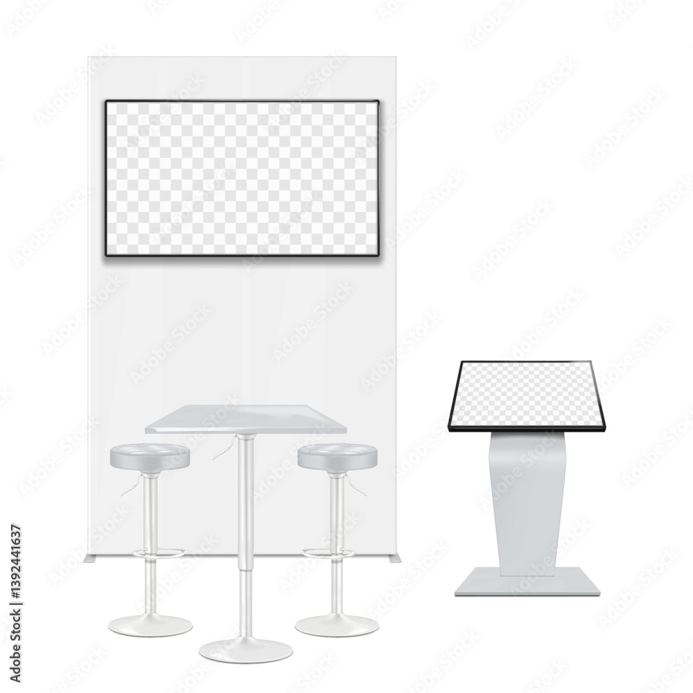 Wall mural trade show booth display kit mock-up. expo tradeshow set template. backdrop banner stand with lcd mo