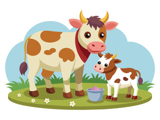 Cute cartoon vector illustration shows a white dairy cow mammal with milk and her calf, isolated farm animals in a grassy meadow