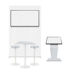 Trade show booth display kit mock-up. Expo tradeshow set template. Backdrop banner stand with LCD monitor, floor touch screen digital kiosk, adjustable height table, bar stools. 3d vector mockup