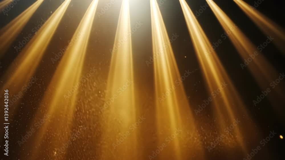 Poster golden beams of light shining in the darkness with hazy particles floating in the air to create a se