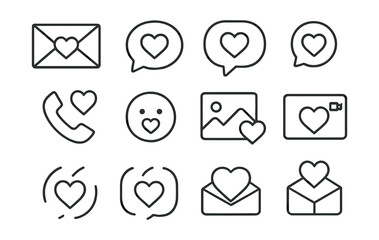Linear love and communication icon set: heart, envelope, chat bubble, phone, photo