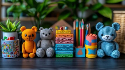 Childrens toys and learning aids arranged on a table.  Colorful stuffed animals, building blocks, crayons, and other educational tools