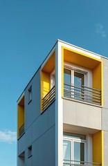 Modern apartment building corner against blue sky. Contemporary architecture with yellow accents, balconies. Residential housing, real estate, sunny day. Modern design, new urbanism.