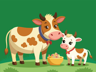 baby cow and mother eating feed