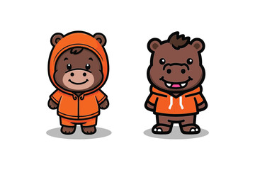 Fototapeta premium Hippo Hoodies: Two Adorable Cartoon Hippos in Orange Hoodies, Perfect for Playful Designs and Children's Entertainment.