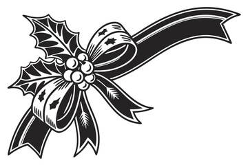 Black and white floral vector illustration of a christmas, ribbon flower ornament design