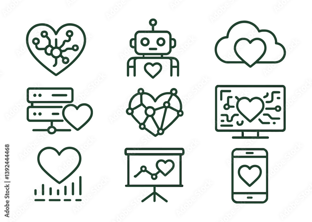 Poster heart and technology icon set: linear style depicting ai, cloud, and data themes