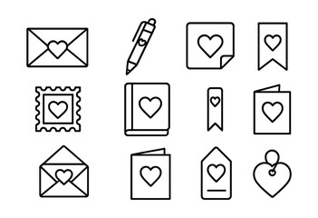 Minimalist love icon set: envelopes, cards, tags, and more