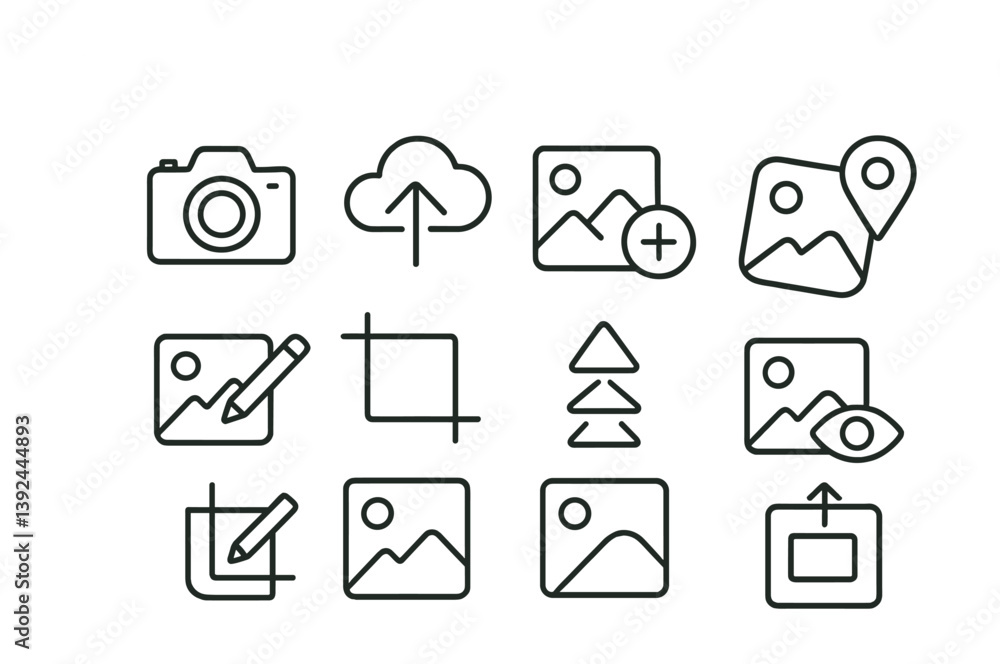 Poster photography and editing icon set: linear style with camera, cloud, and editing tools