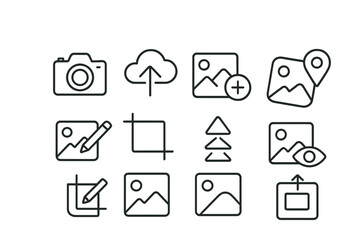Fototapeta premium Photography and editing icon set: linear style with camera, cloud, and editing tools