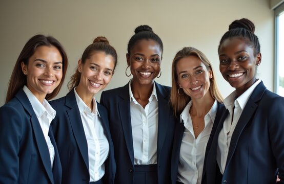 Multiracial businesswomen smiling together in modern office. Diverse team of females wearing business suits, formal attire. Group of happy professionals looking at camera.