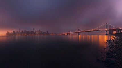 Obraz premium San Francisco sunrise, bridge, city skyline, fog, water reflection