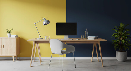A modern, empty office space. A large, light brown wooden desk with a simple design is surrounded by a wall divided into two sections: one bright yellow and the other dark navy, generative ai