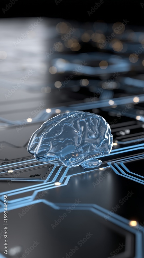 Poster image of digital brain circuitry created for stock illustration, featuring a background and utilizin