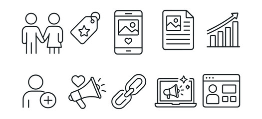 Fototapeta premium Digital communication and marketing icons set in linear style