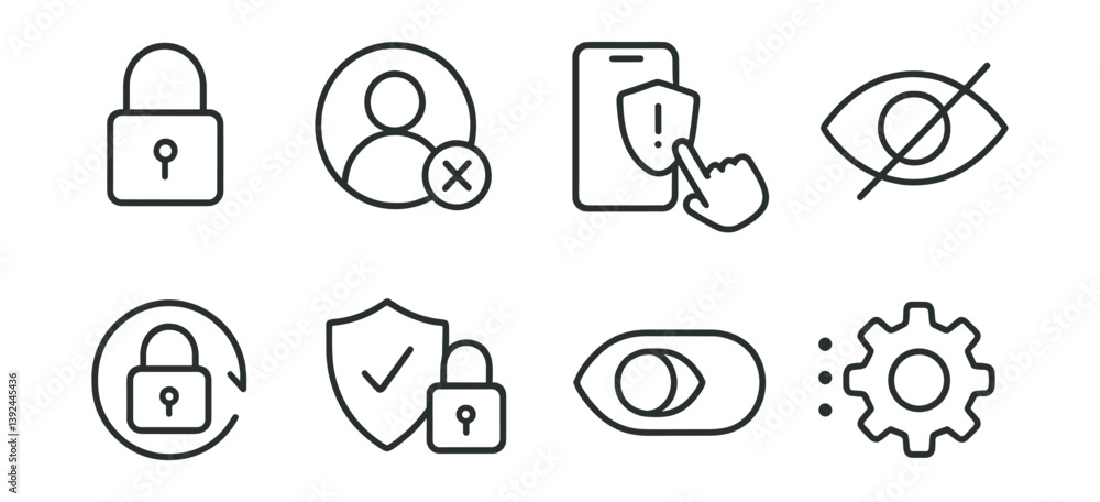Poster security and privacy icon set - linear style for digital protection and communication needs