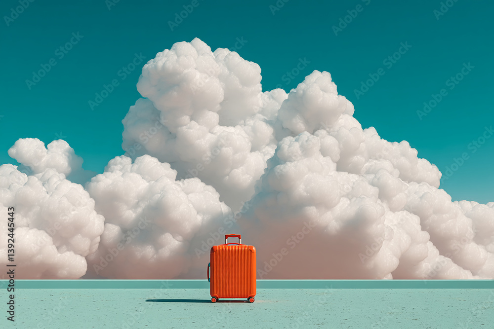 Poster orange suitcase on a teal surface against a backdrop of large, fluffy white clouds and a turquoise s