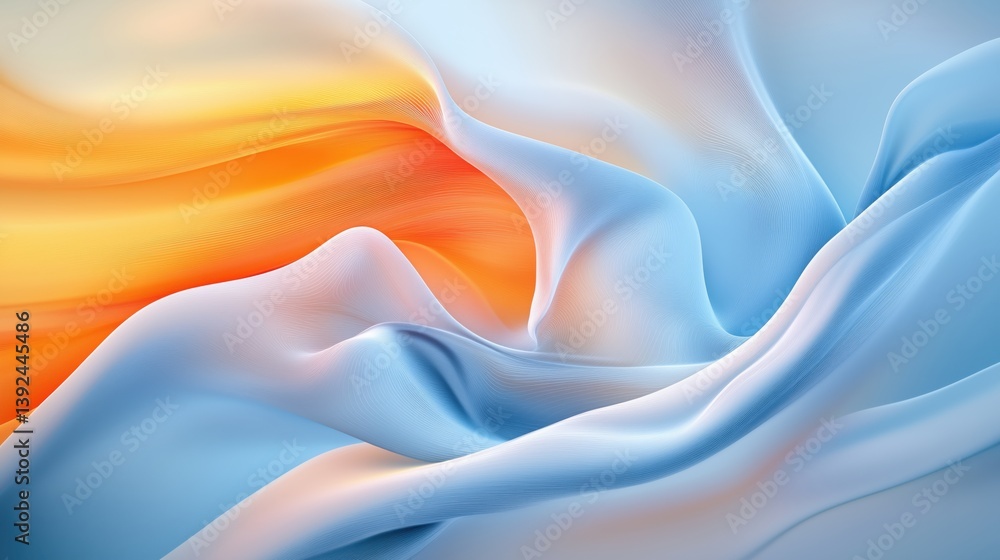 Poster textured fabric in soft hues of blue and orange showcases fluid movement and elegant draping in an a